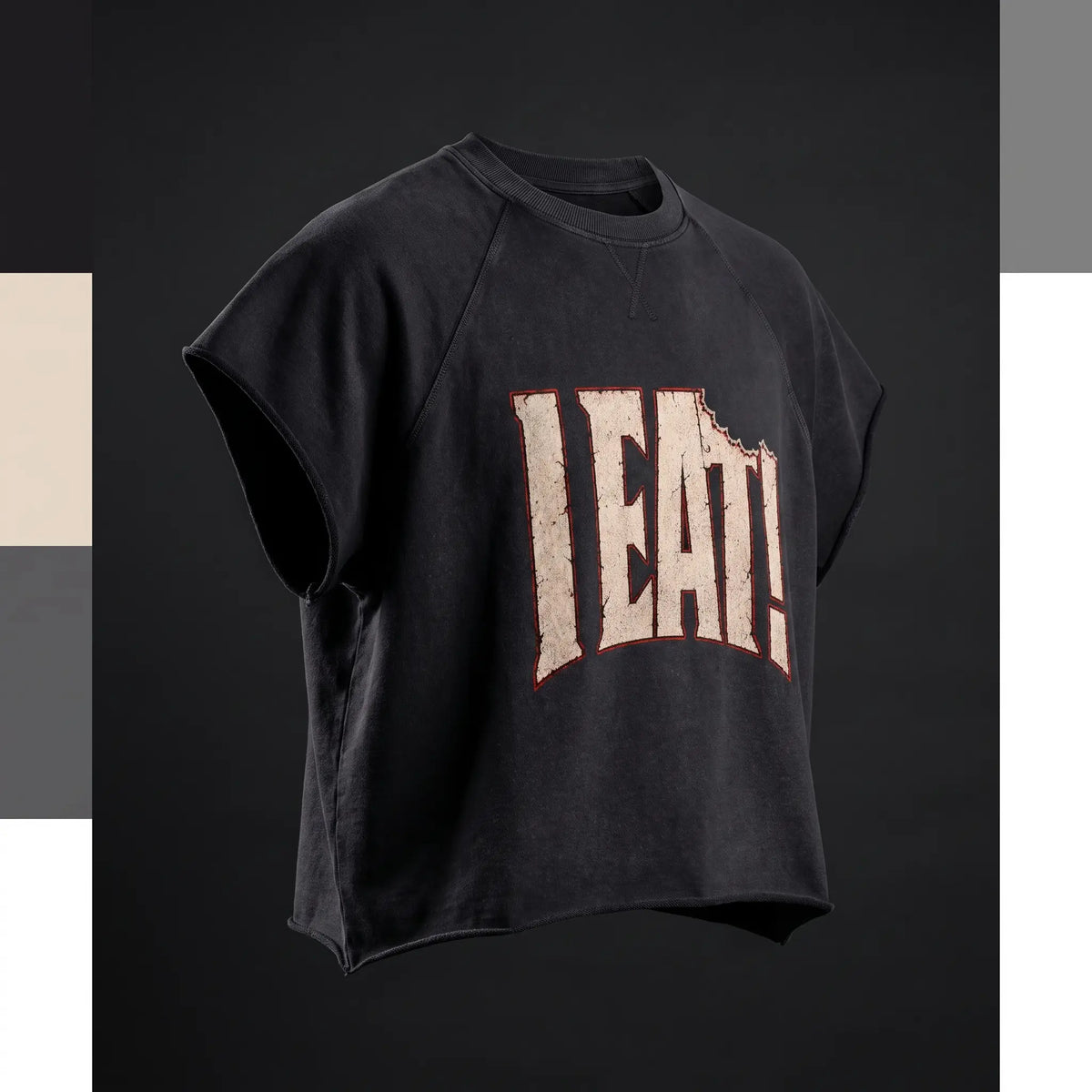 I EAT! Vintage Raw-Edge Pump Cover Tee angled front view
