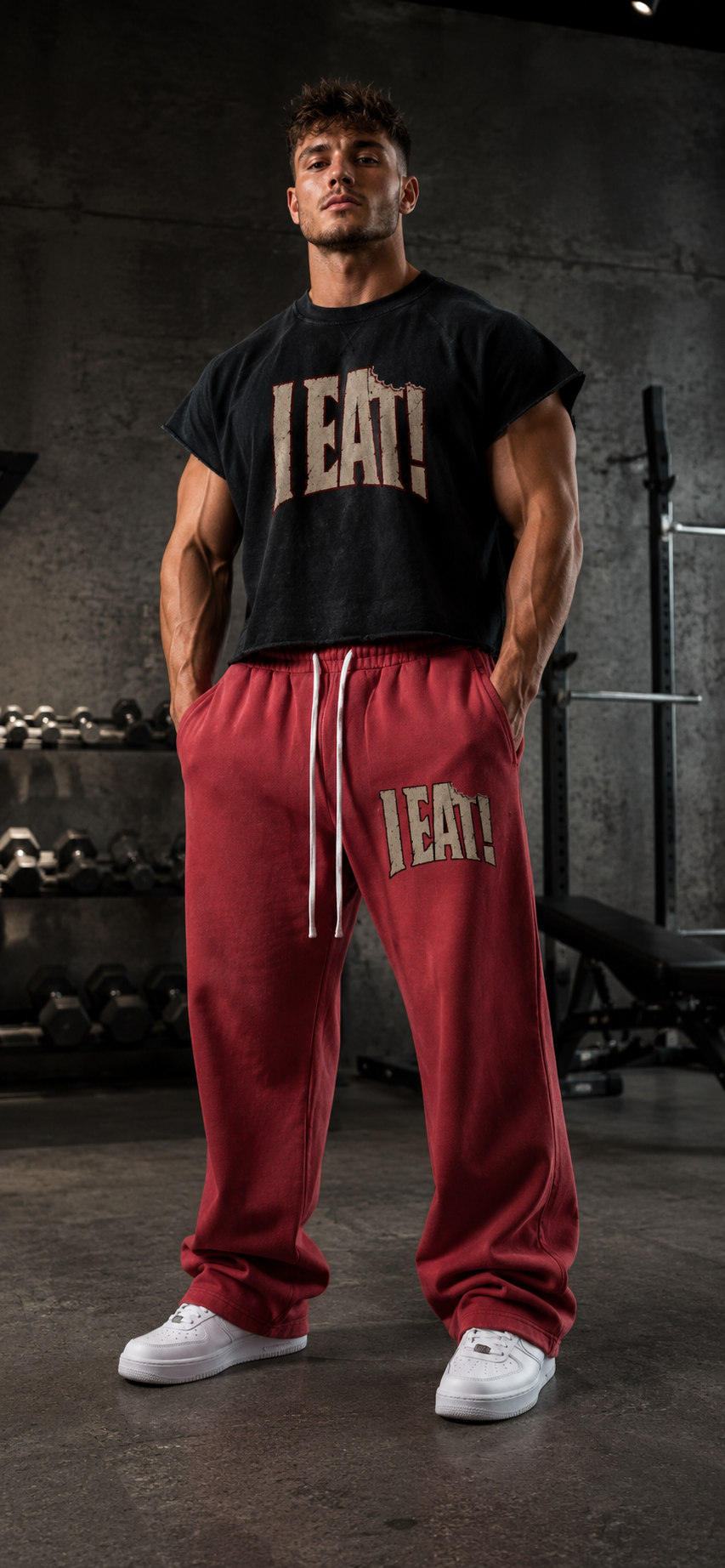Model wearing the red Iron Eaters I EAT Founding Fit bundle