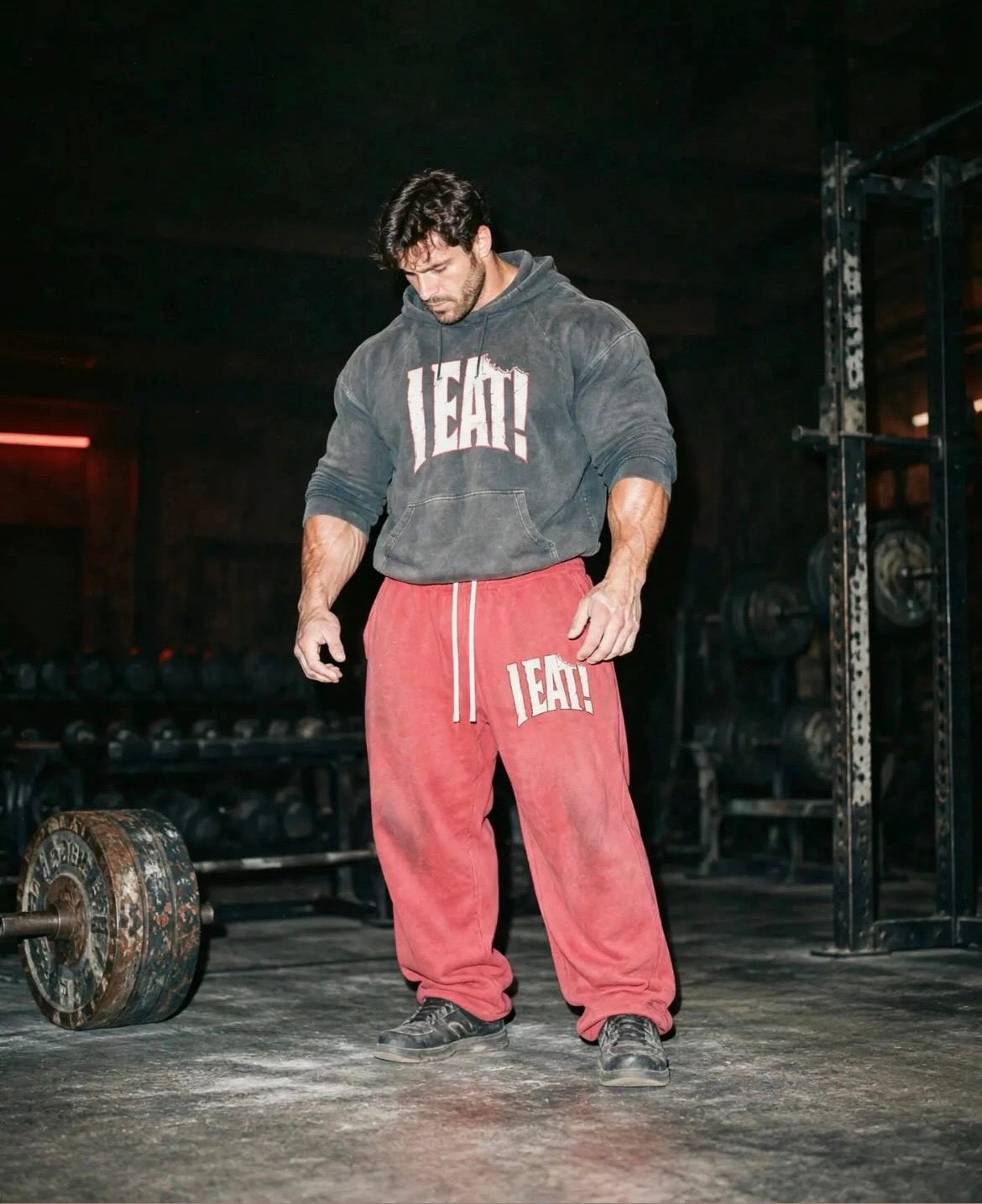 Iron Eaters I EAT outfit in a hardcore weight room